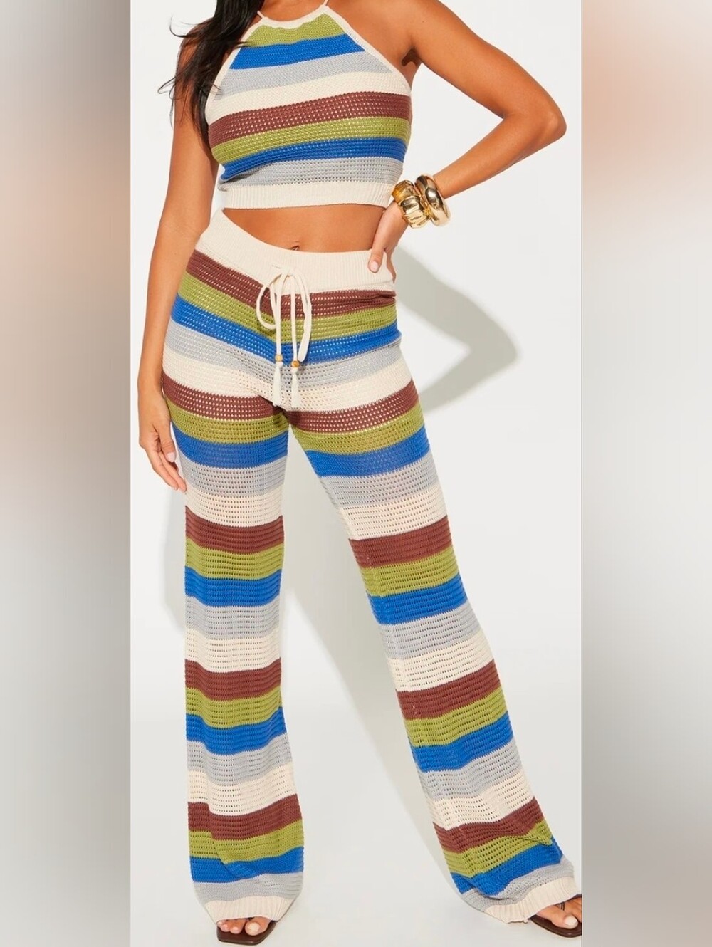 Fashion Nova Cream Blue Green Brown Striped Crochet Wide-Leg Pants